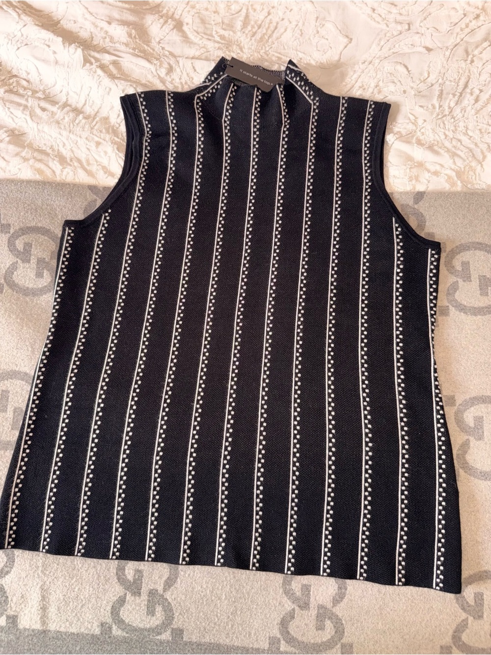 NWT Cable & Gauge Sleeveless Mock Neck Striped Knit Top - Black